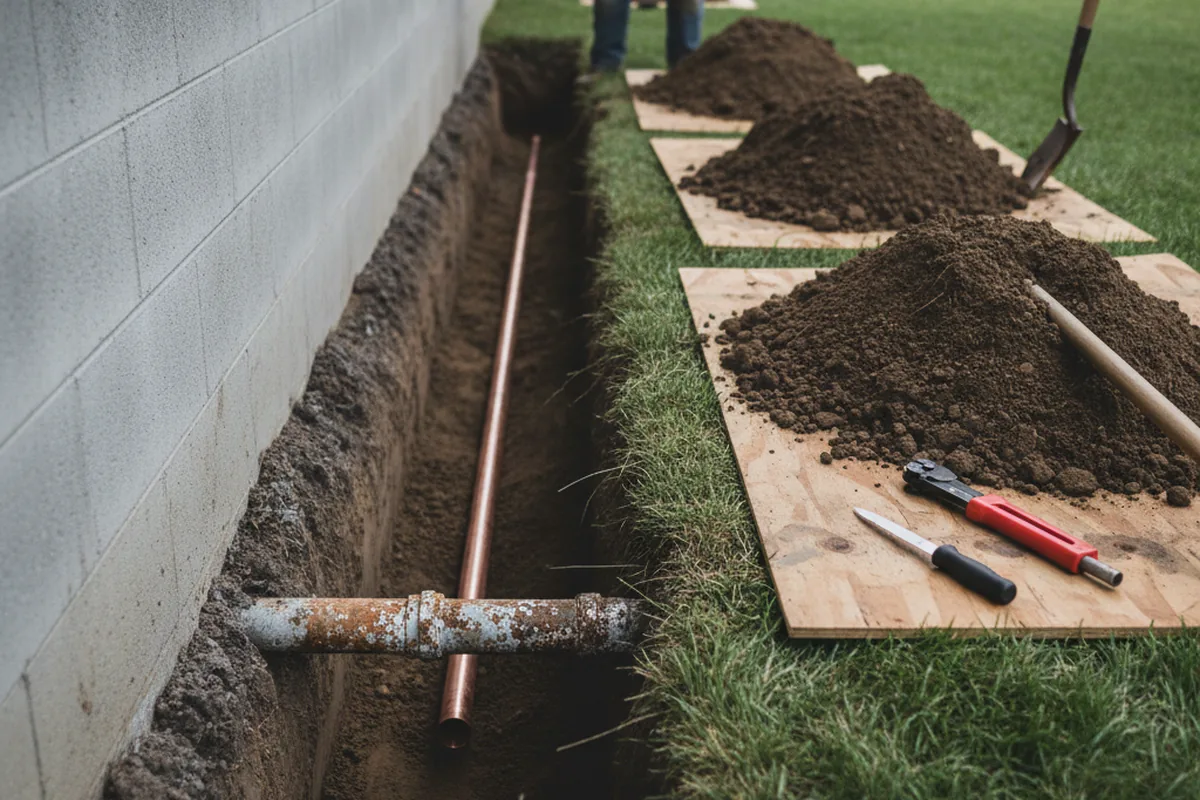 Excavated water line trench during Water Softener Installation in Folsom